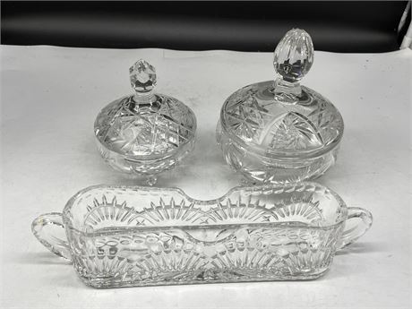 LG + MED COVERED CRYSTAL CANDY DISHES & SHANNON BY GODINGER FLATWARE CADDY