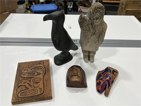 5 INDIGENOUS DECORATIONS - 4 SIGNED (Stone figure is 10” tall)