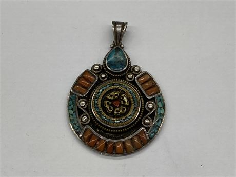 LARGE TIBETIN COIN SILVER TURQUOISE & CORAL PENDANT (2”)