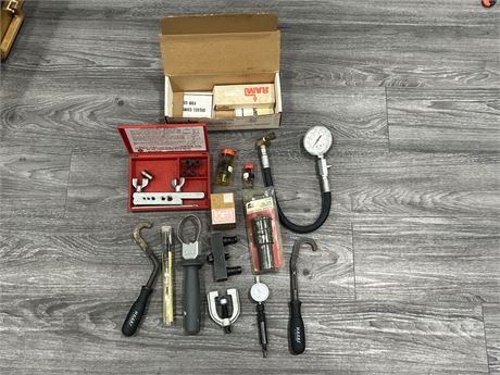 LOT OF MISC TOOLS, DIESEL COMPRESSION TESTER, STEEL STAMPS & ECT