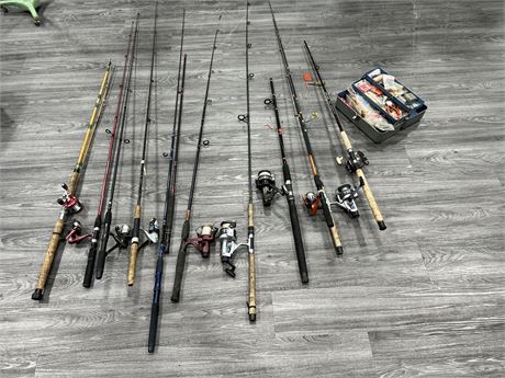 LOT OF FISHING RODS W/ REELS & TACKLE BOX FULL OF CONTENTS