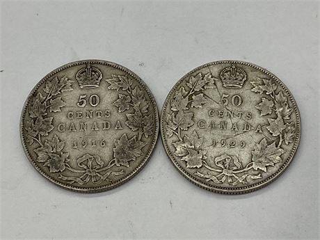 1916 + 1929 SILVER 50 CENT COINS