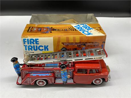 VINTAGE FRICTION POWERED TIN FIRE TRUCK MINT W/BOX (10” long)