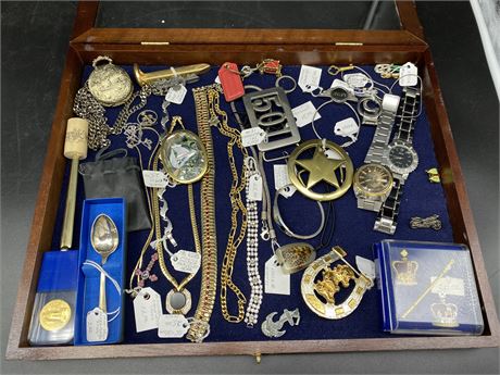 DISPLAY CASE FULL WITH ASSORTED JEWELRY, WATCHES, & MORE