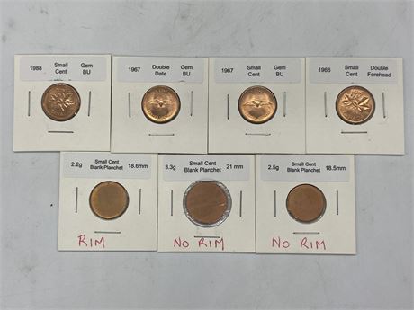 (4) 1 CENT CANADIAN COINS & 3 BLANK PLANCHETTES