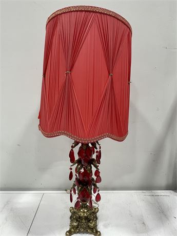 VINTAGE RUBY RED CRYSTALS ON BRASS LAMP - TRILIGHT (36” TALL)