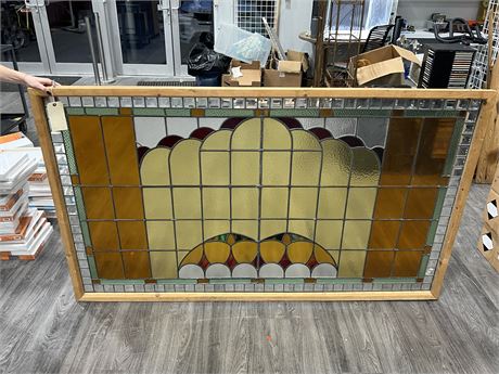 LARGE STAINED GLASS WINDOW SALVAGED FROM CHURCH IN SOUTH ONTARIO (73”x43”)