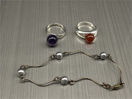 ITALIAN STERLING (Silver Pearl) BRACELET & 2 RINGS (1 Amethyst)
