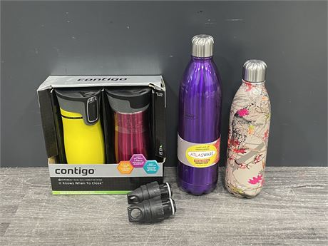 4 BRAND NEW FULLY INSULATED TRAVEL MUGS / BOTTLES + 2 REPLACEMENT LIDS