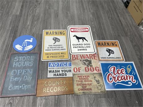 COLLECTION OF STORE + WARNING SIGNS - WOOD + PLASTIC