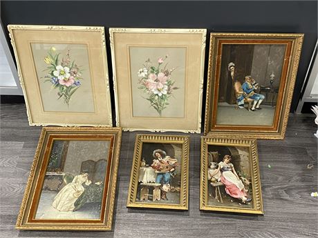 4 VINTAGE PICTURES & 2 FLOWER PICTURES