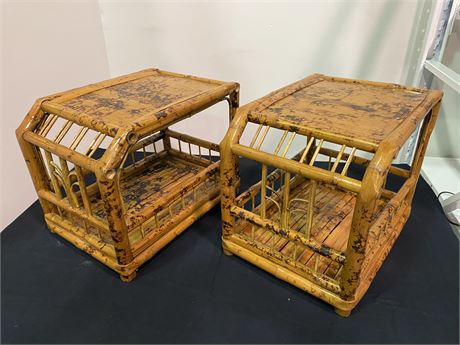 2 MID CENTURY BOHO BAMBOO SIDE TABLES (Made in Republic of China, 18”X14”)