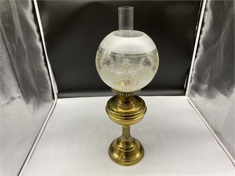 ANTIQUE BRASS OIL LAMP W/ETCHED GLASS GLOBE SHADE (22” tall)