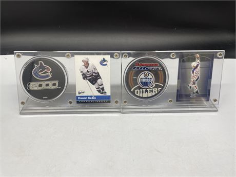 OILERS-GRETZKY & CANUCKS SEDIN OFFICIAL PUCK DISPLAYS