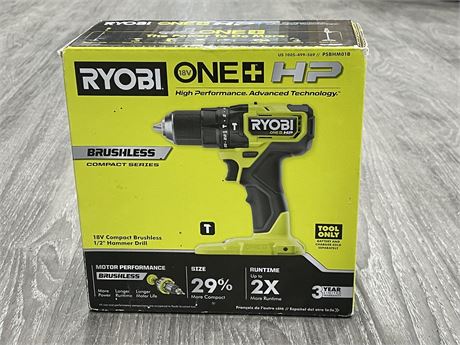 (NEW) RYOBI ONE + HP 18V COMPACT BRUSHLESS 1/2” HAMMER DRILL