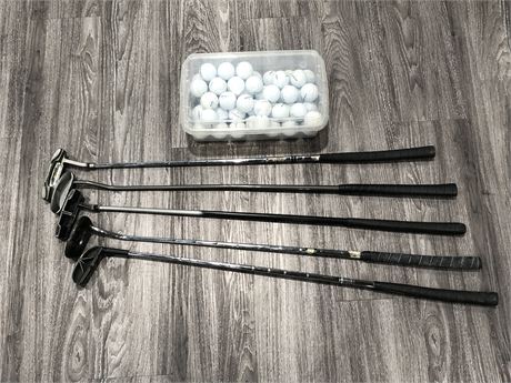 5 GOLF CLUBS + CONTAINER OF GOLF BALLS