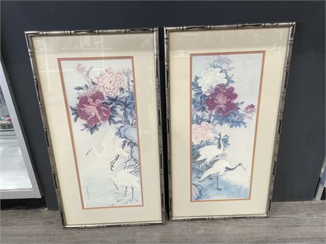 2 SIGNED CHINESE FLORAL + BIRD PRINTS 17”x31”