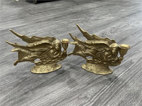 VINTAGE BRASS ANGEL CANDLE HOLDERS - 8” WIDE