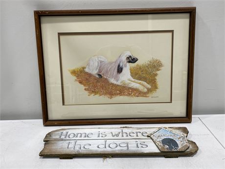 DOG PAINTING BY ANDREW LEMAIRE (23”x17”) & WOOD DOG SIGN