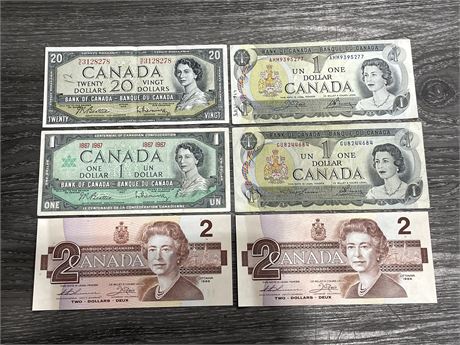 $27 TOTAL - VINTAGE CANADIAN BANK NOTES FROM 1954-1986