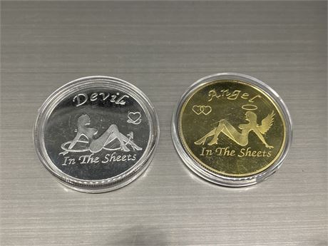 2 PLATED ANGEL / DEVIL COINS