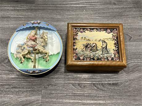 VINTAGE TAPESTRY WOODEN JEWELRY BOX + BRADFORD EXCHANGE MOTION MUSICAL PLATE