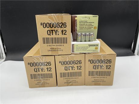 5 BOXES OF SOLAR RECHARGEABLE “AA” BATTERIES-12 PACKS OF 4/BOX 60 PACKS IN TOTAL