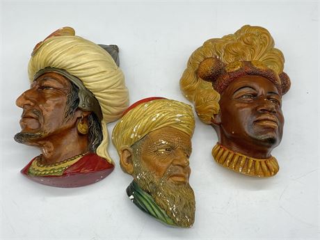 1959 BOSSONS ENGLAND CHALKWARE HEADS - LOT OF 3 (LARGEST IS 5”X7.5”)