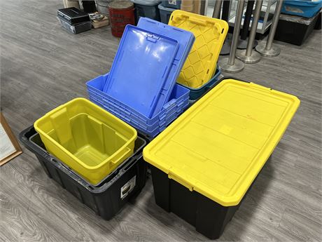 LOT OF STORAGE BINS - MOST WITH LIDS