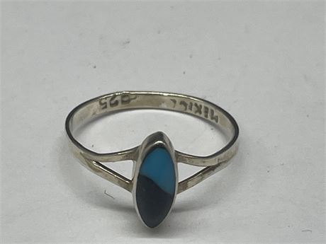 ONYX & TURQUOISE VINTAGE MEXICAN 925 SILVER - SIZE 4 1/4