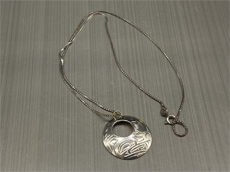 FIRST NATION STERLING SILVER HAIDA PENDANT MARKED WOLF SS & CHAIN NECKLACE