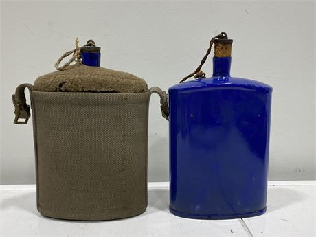 2 VINTAGE BLUE ARMY CANTEENS