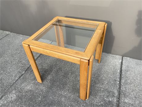 TEAK GLASS TOP SIDE TABLE 2FT x 2FT x 22” TALL