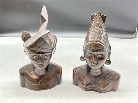 2 HAND CARVED POLYNESIAN BUSTS 9”