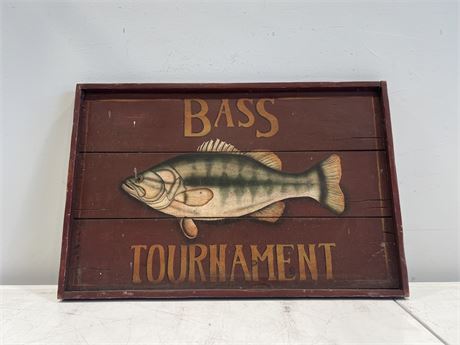 VINTAGE WOOD BASS TOURNAMENT FISHING SIGN - 26”x17”