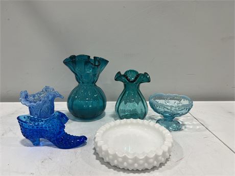 6PCS OF TEAL / BLUE ART GLASS + FENTON HOBNAIL MILK GLASS - LARGEST IS 7”