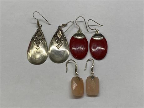 3 PAIRS OF STERLING SILVER & STONE EARRINGS (LARGEST ARE 1.5”)