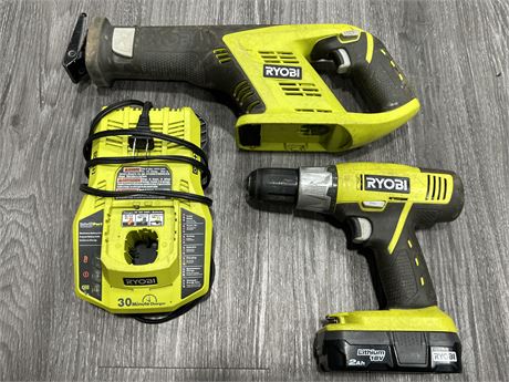 RYOBI DRILL, SAW, BATTERY & CHARGER