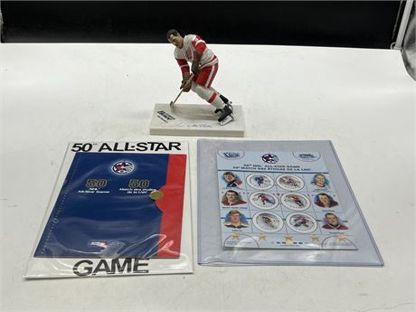 GORDIE HOWE SIGNED MCFARLANE - NO COA & 2 ALL STAR GAME COMMEMORATIVE STAMPS