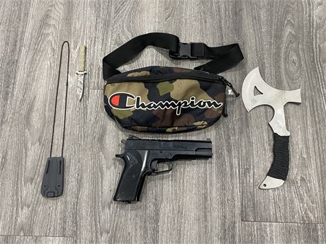 CROSSMAN 1008 REPEATER, THROWING AXE, BOKER NECKLACE KNIFE, & CHAMPION BAG