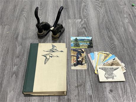 1936 BOOK OF BIRDS AMERICA, 20 VINTAGE POSTCARDS & 2 METAL COMPANY DESK SEALS