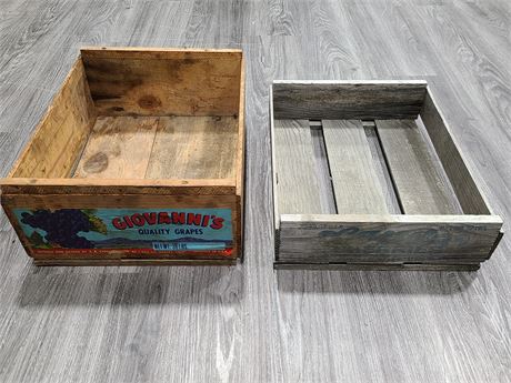 2 VINTAGE WOODEN BOXES - GIOVANNIS GRAPES AND CHERRIES (17"x14")