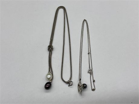 2 PEARL TYPE PENDANTS WITH CHAINS