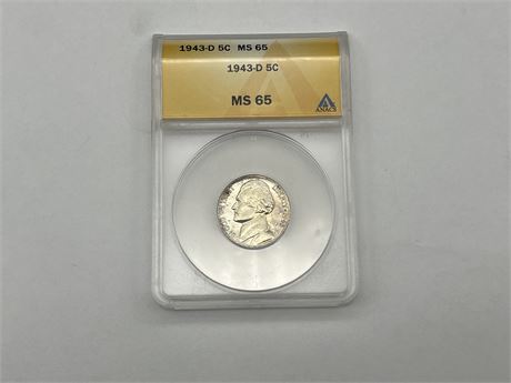 ANACS GRADED MS 65 1943-D 5 CENT COIN