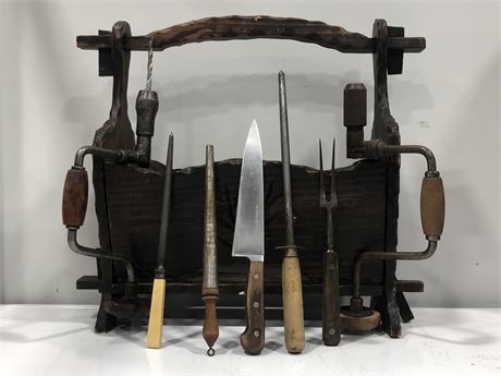 WOOD CARVING TOOLS WITH CARVED WOOD BASKET