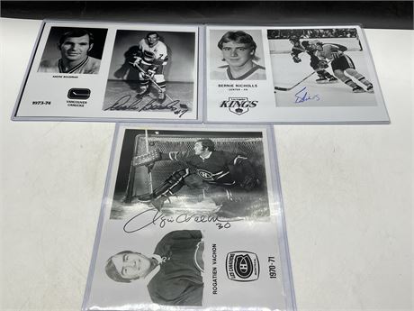 3 SIGNED NHL PHOTOS W/COA ROGIE VACHON, BERNIE NICHOLLS, & ANDRE BOUDRIAS 9”x10”