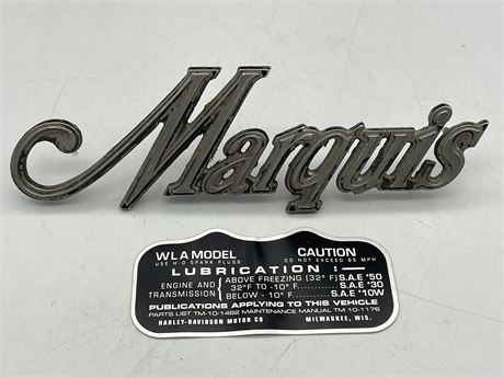 HARLEY DAVIDSON ENGINE BADGE & VINTAGE MERCURY MARQUIS CAR BADGE