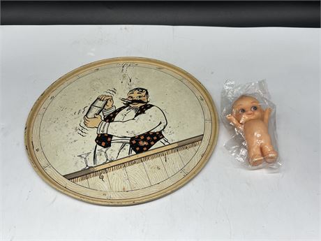 VINTAGE BARTENDERS TRAY 11” / NEW OLD STOCK BABY CUPPE DOLL 4”