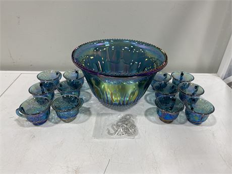 INDIANA GRAPE CARNIVAL GLASS PUNCH BOWL & GLASSES