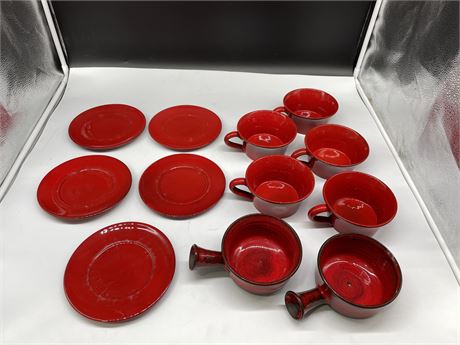 MCM RED GLAZED POTTERY SOUP CUPS & SAUCERS